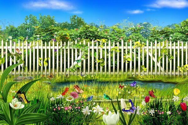 Jardín de flores detrás de la cerca cerca del Jardín