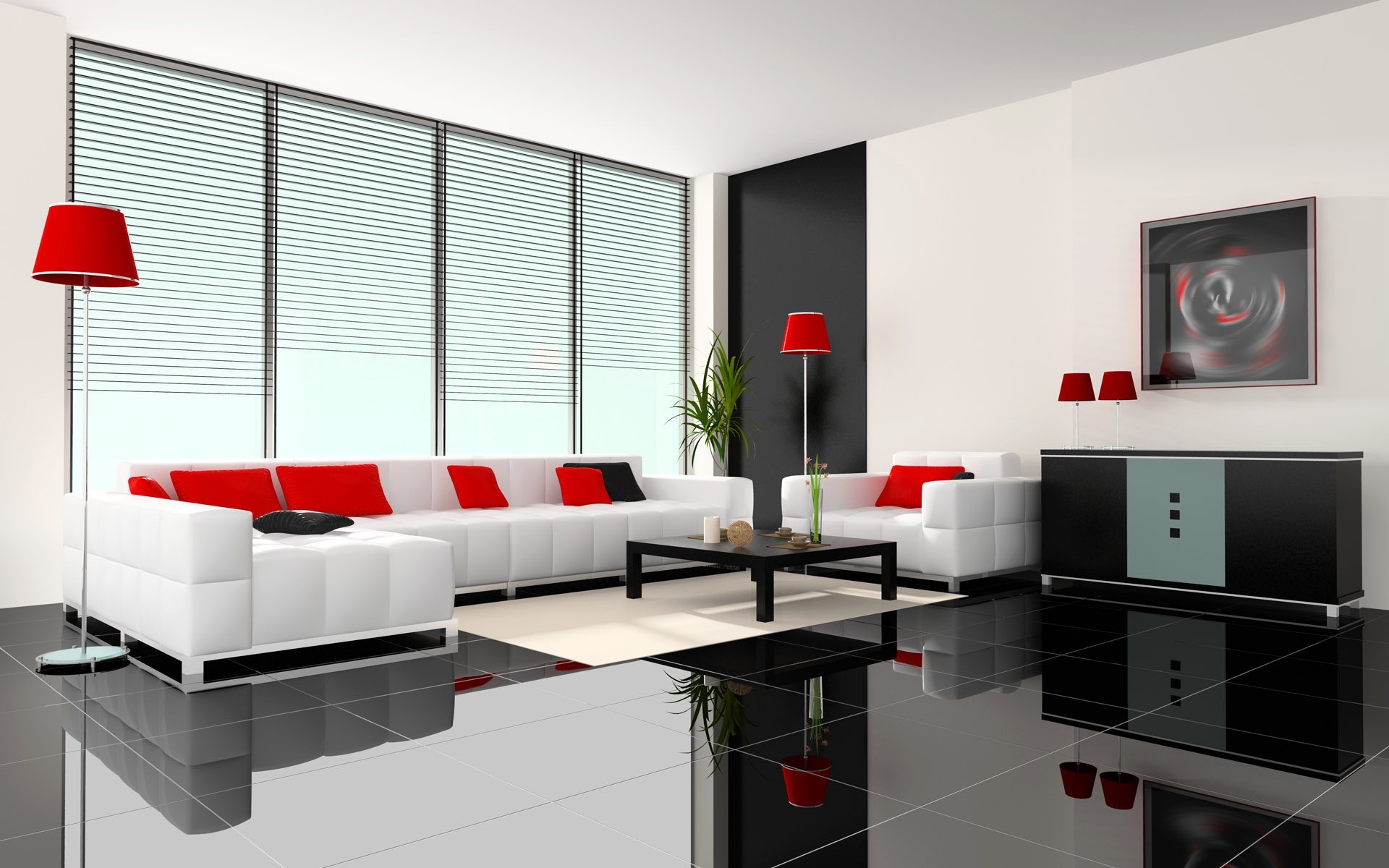 habitación moderno muebles interior diseño de interiores familia minimalista sofá interior lugar apartamento ventana piso lámpara mesa silla lujo confort mansión casa vida rojo negro