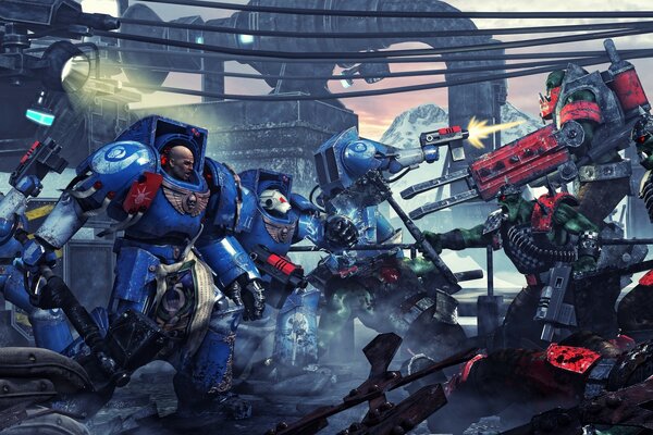 Humanos y robots luchan con armas