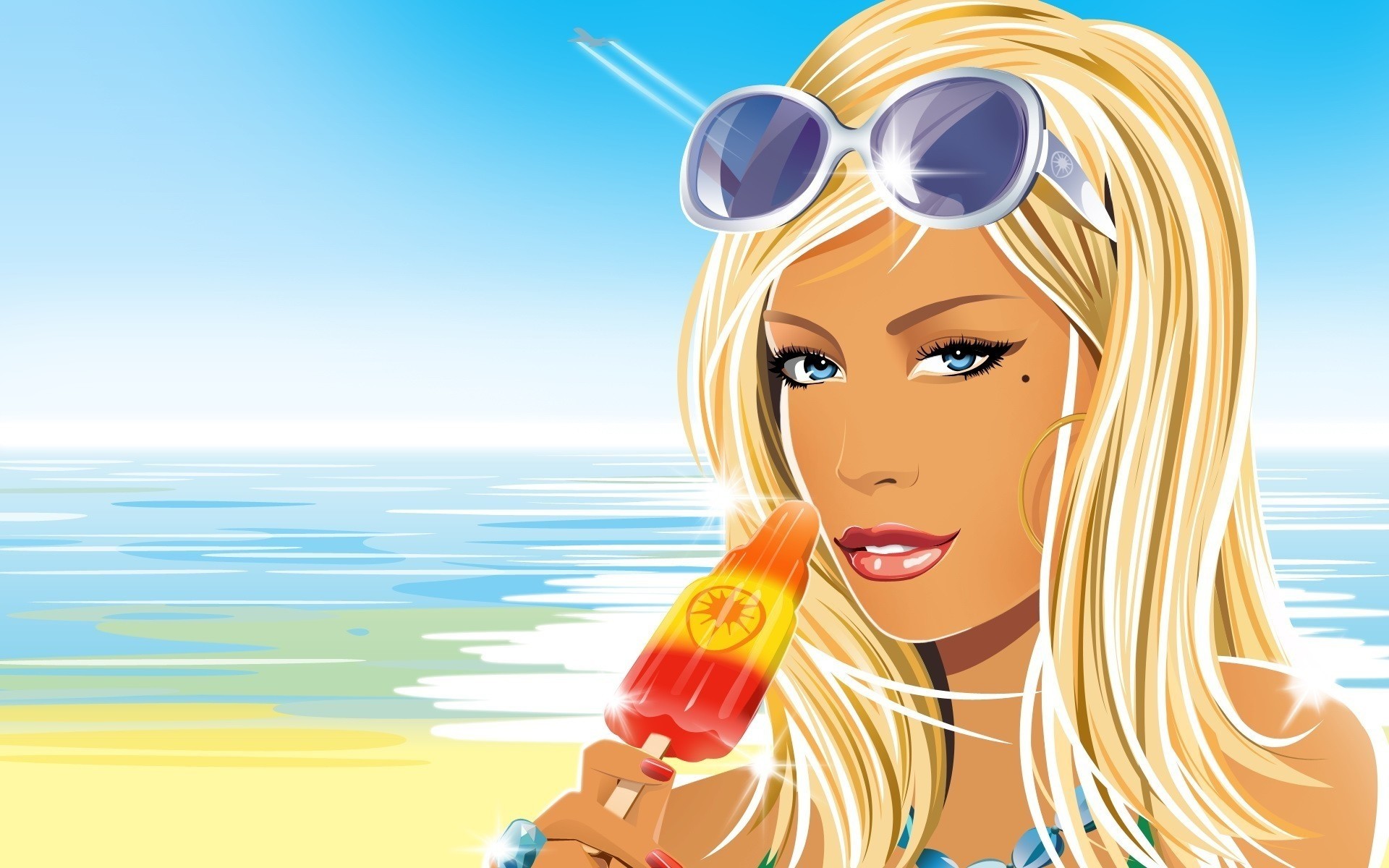 dibujos animados verano mujer agua cielo joven naturaleza viajes placer mar al aire libre playa vacaciones chica helado ojos