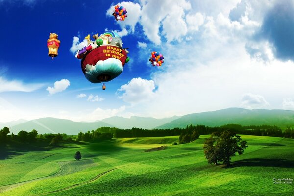 Grandes bolas voladoras sobre el campo verde