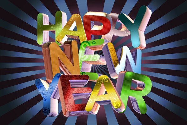 La inscripción feliz año nuevo en letras multicolores sobre un fondo oscuro