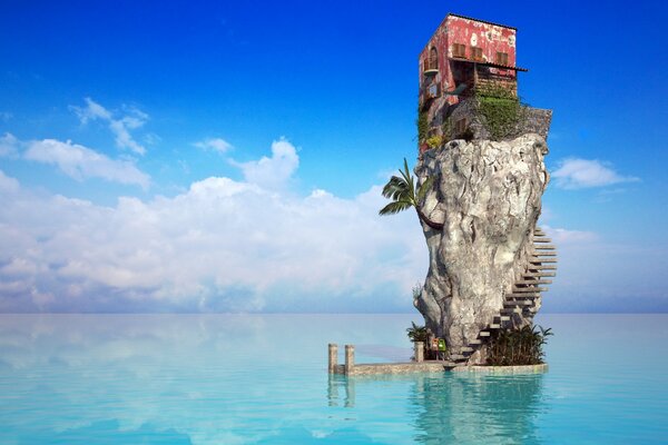 Casa en un acantilado en medio del mar