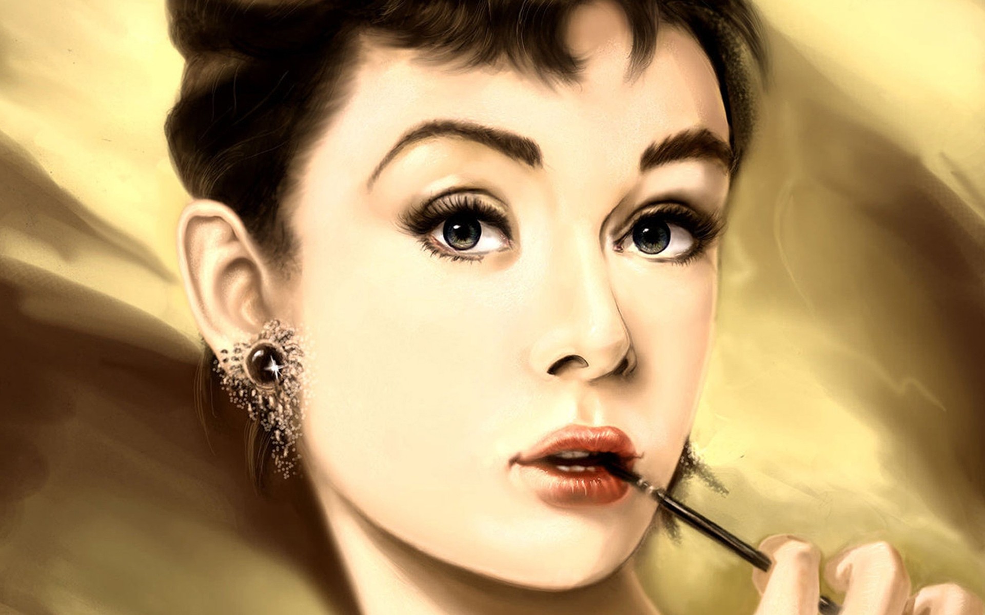 mujer moda glamour retrato labios sexy chica ojo bonita morena modelo cara elegante solo adulto lápiz labial interior audrey hepburn pintura actriz