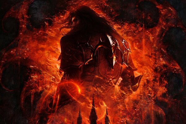 Héroe del juego en un fondo de fuego