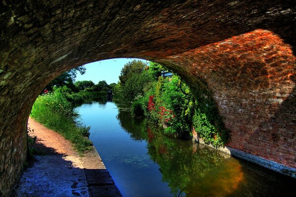 Paisaje río a través del túnel verde y luz brillante