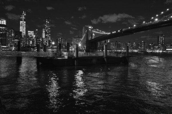 Ciudad en blanco y negro río y puente