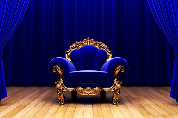 Silla azul en el teatro con cortina azul