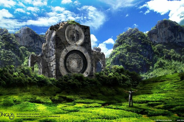 Paisaje creativo. Una montaña en forma de una enorme columna musical