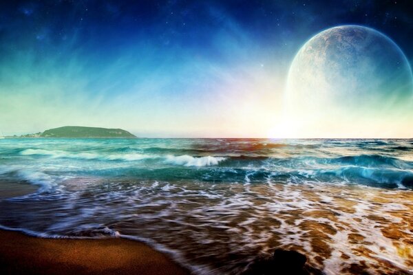 Marea en el mar con un fondo de cielo brillante con un planeta desconocido
