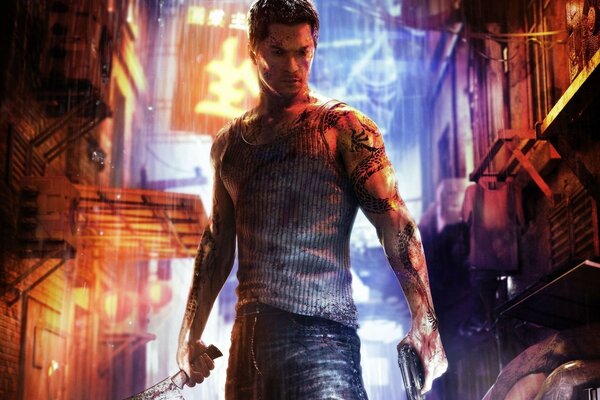 Hombre con pistola y cuchillo en Chinatown por la noche