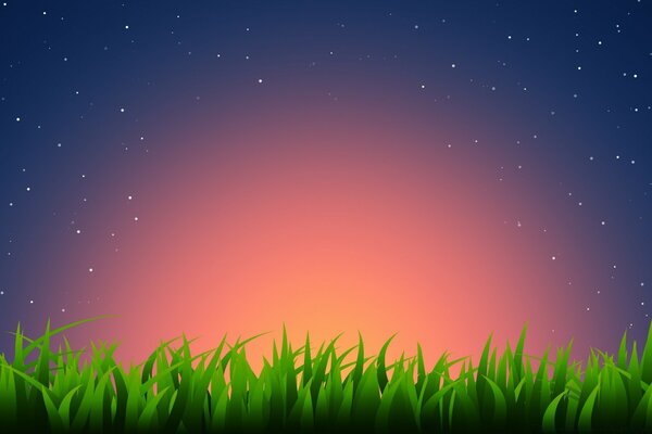 Dibujo gráfico de la hierba en el fondo de la puesta de sol