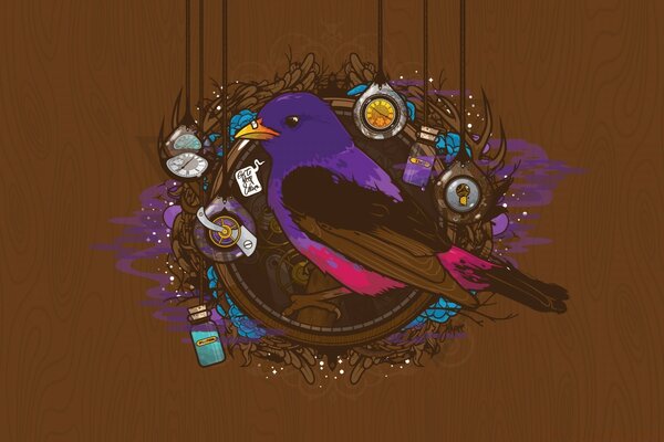 Pájaro sentado en un nido con adornos