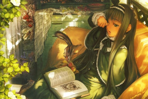 Imagen animada con una imagen ilustrada de una niña con un libro en sus manos