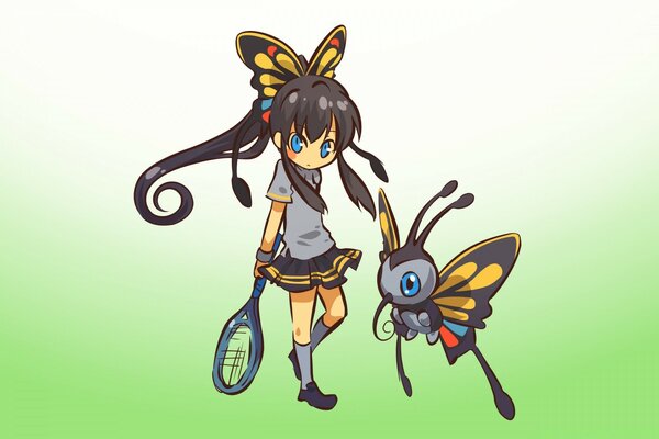 Chica jugando al tenis con una mariposa