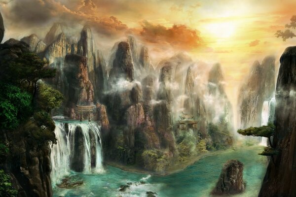 Naturaleza de la selva con cascadas y vegetación densa