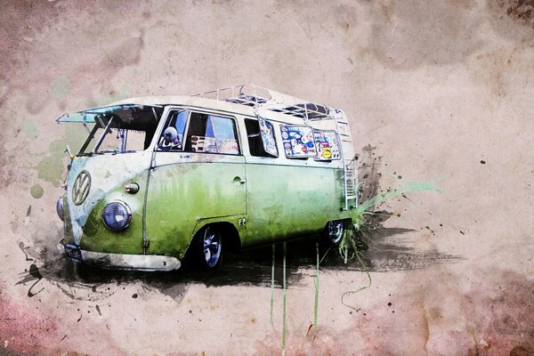 Dibujo de un autobús verde sobre un fondo claro