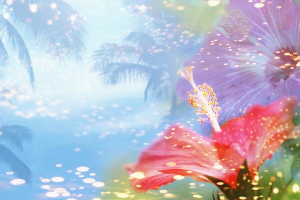 Brillante colegio de verano con palmeras y flores tropicales