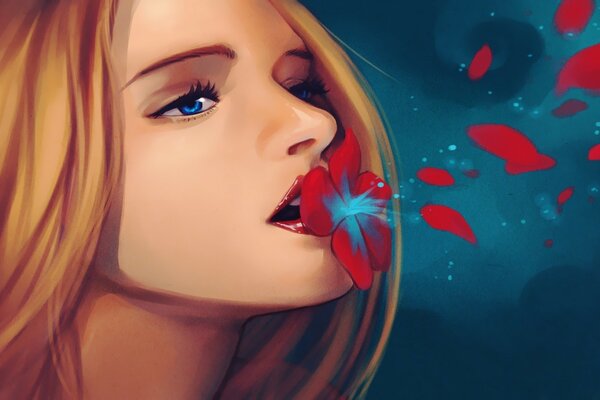 Figura chica labios sostiene una flor escarlata sobre un fondo azul oscuro