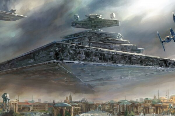 Nave de Star Warriors sobre la ciudad