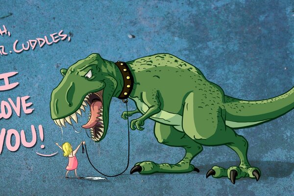 Un dinosaurio y una niña se hacen amigos en un lugar en una Postal