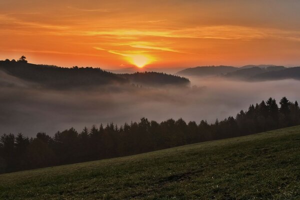 Puesta de sol en las montañas sobre la niebla en el bosque