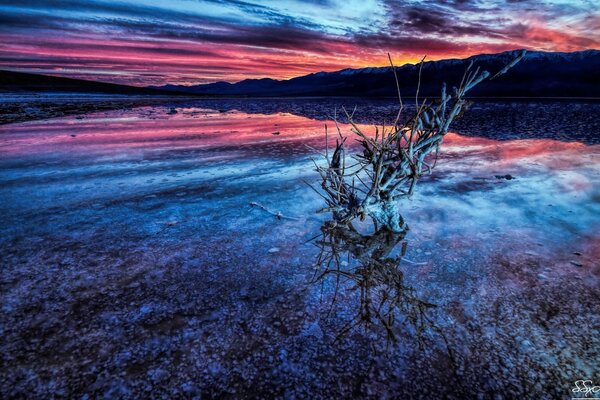 Paisaje del lago en la penumbra al atardecer