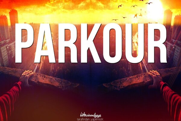 Imagen parkour en el balcón en el fondo de la puesta de sol