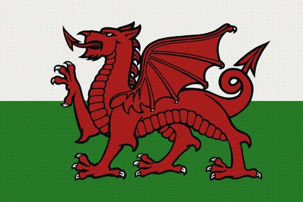 Bandera blanca y verde con dragón rojo, escudo de armas